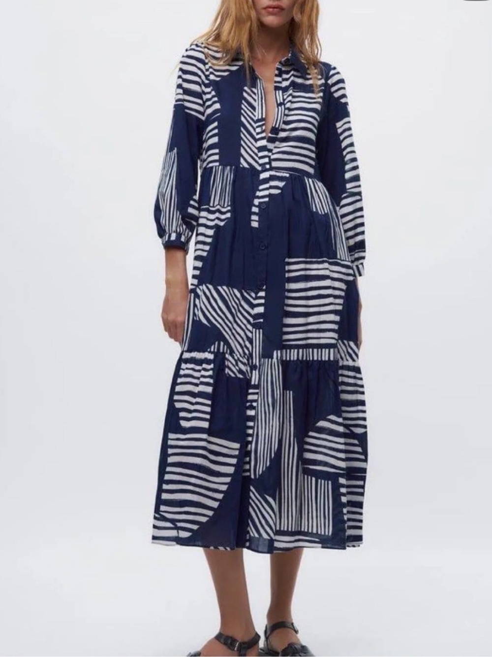 Zara Navy and White Striped Midi Dress